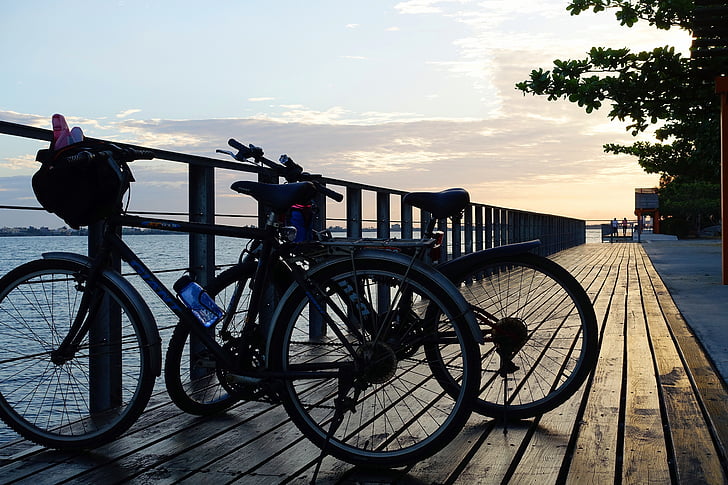 자전거, 자전거, 바다, 일몰, 야외에서, 사이클링