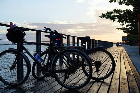 sykkel, sykkel, sjøen, solnedgang, utendørs, sykling
