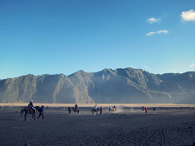 animals, blue sky, clear sky, dirt, dust, horseback riding, landscape