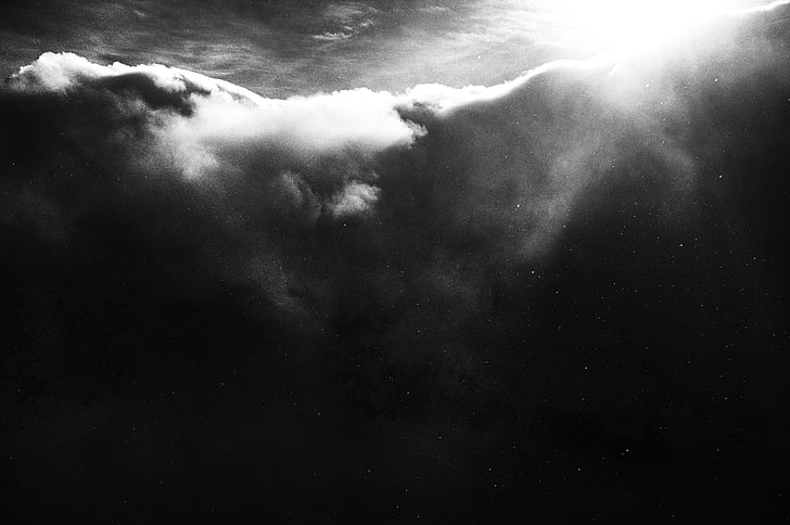 black-and-white, clouds, dark, night, stars