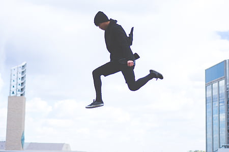 man, wearing, black, jacket, midair, daytime, guy