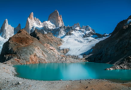 Mount fitzroy, Patagonia, kalns, šļūdonis, ezers, ūdens, sniega
