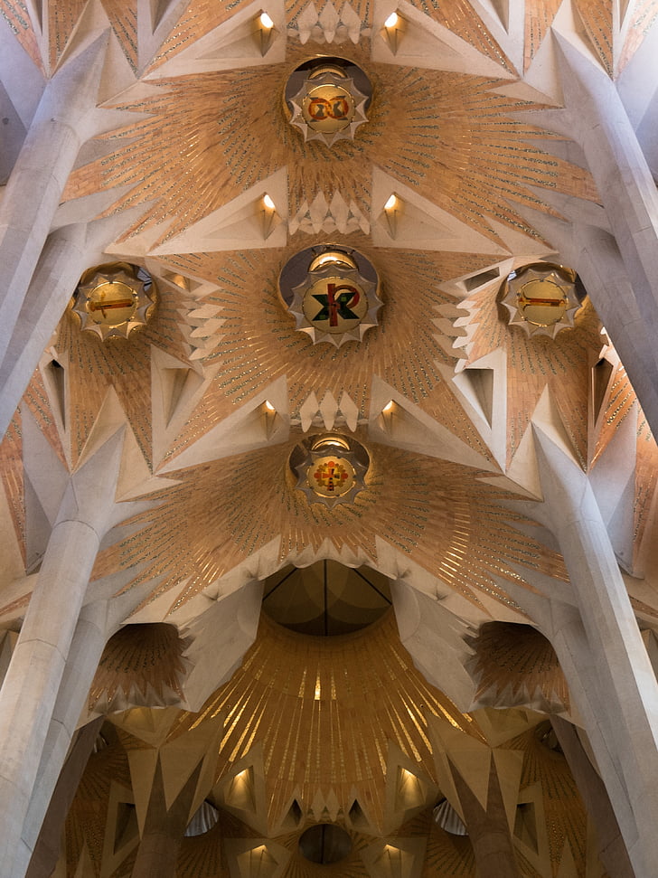 ceiling, cathedral, sagrada família, barcelona, catalonia, inside, church