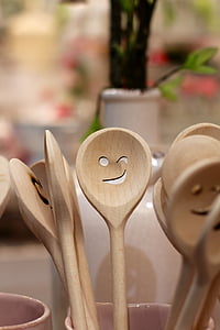 spoon, face, wooden spoon, laugh, close, cheerful