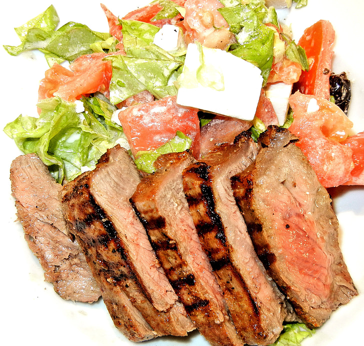 bbq steak, sliced, salad, food