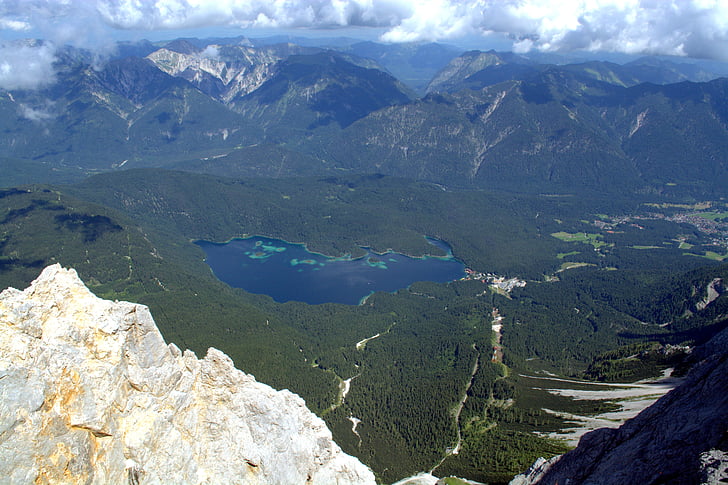 zugspitze, alpine lake, view, alpine, mountains, panorama, mountain summit