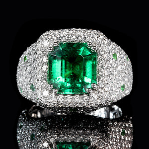 Esmeralda, anel, cor po, conjunto de diamante