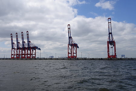Puerto, instalación portuaria, envase, Grúas para contenedores, JadeWeserPort, Wilhelmshaven, Mar del norte