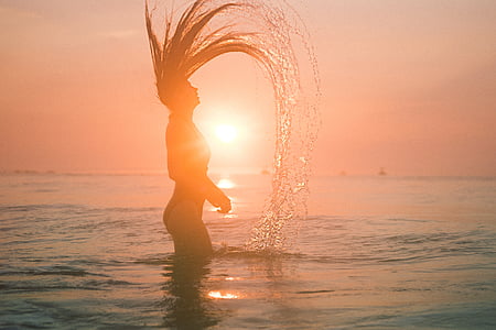 žena, kupaći kostim, silueta, Foto, zalazak sunca, Sunce, more
