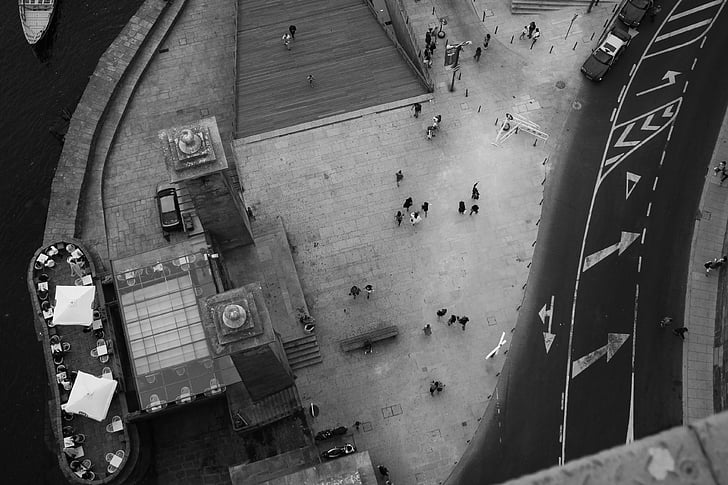 escala de grises, aéreo, Fotografía, ciudad, en el interior, no hay personas, arquitectura