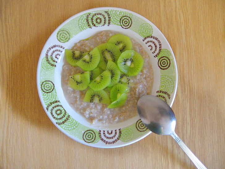 breakfast, healthy food, fruit, kiwi, plate, spoon, porridge