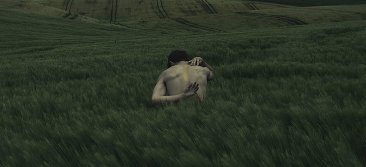 people, man, back, naked, green, grass, field