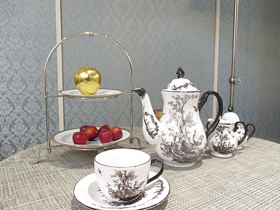 čajový set, pohár, talíř, svačina, čas na čaj, konvice na čaj, čaj - horké nápoje