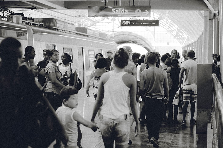 train station, transportation, people, crowd, busy, black and white, commuter