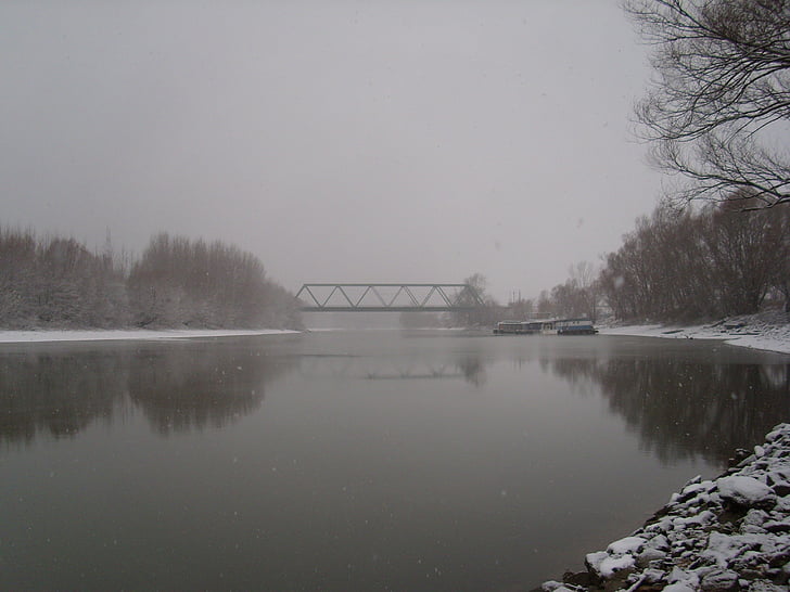 bridge, winter, snow, river, backwater, slovakia, snowy