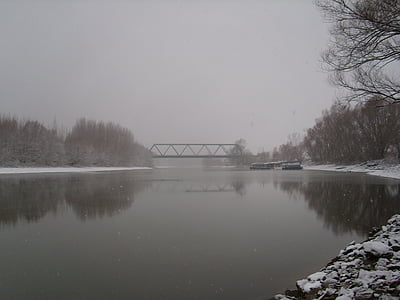 міст, взимку, сніг, Річка, болотом, Словакія, Сніжне