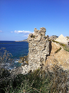 Graikija, jūra, senovės pilis, griuvėsiai, uolos, akmenys, akmenų