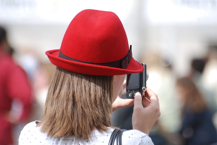 шапка, червен, жена, мода, дизайн, камера