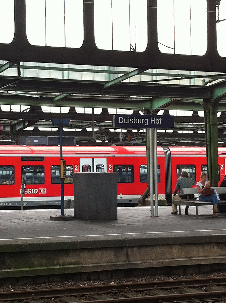 railway station, duisburg, red train, train, travel, stop