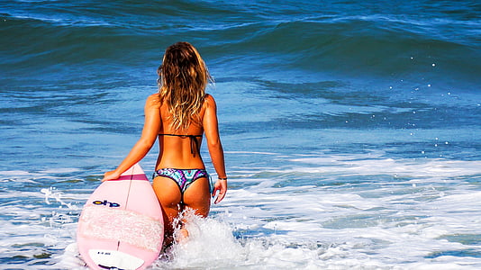surfing, wanita, Mar, Surfer, gelombang, ketenangan, Sol