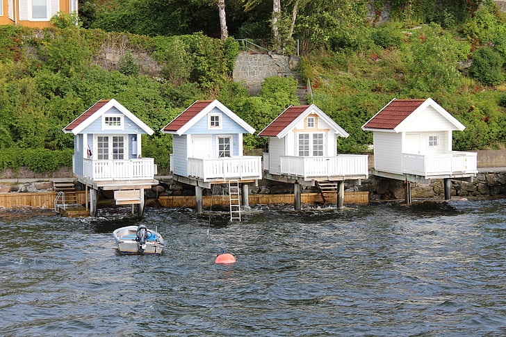 дома, озеро, фьорд, лодки, загородный дом, пейзаж, Осло