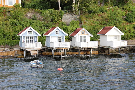къщи, езеро, фиорд, лодки, селска къща, пейзаж, Осло