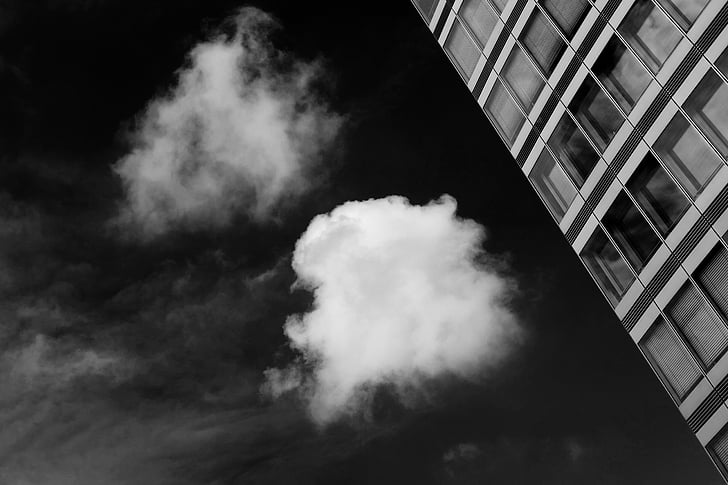 Architektura, budova, infrastruktura, černá, bílá, černá a bílá, mraky