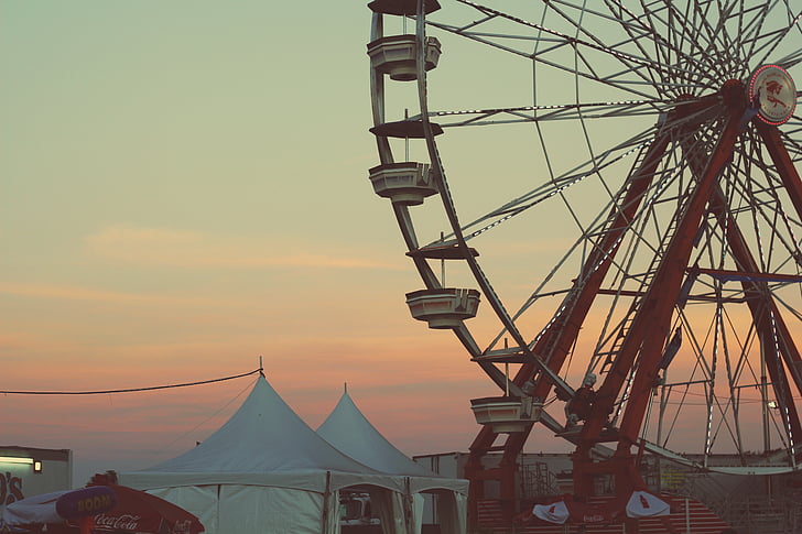 red, white, ferris, wheel, photo, ferris wheel, amusement park