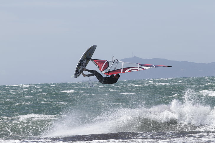 windsurfing, jump, sport, sea, flying, transportation