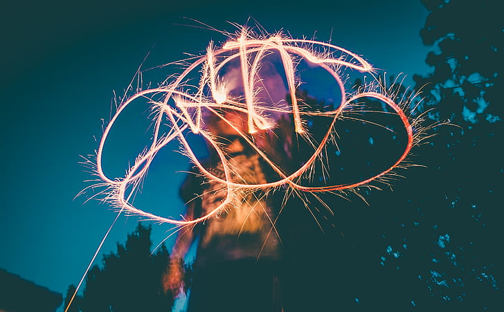 person, making, shape, air, sparklers, night, time