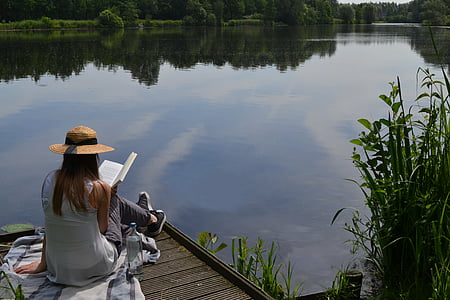 čitanje, jezero, ljeto, knjiga, djevojka, vode, čitanje