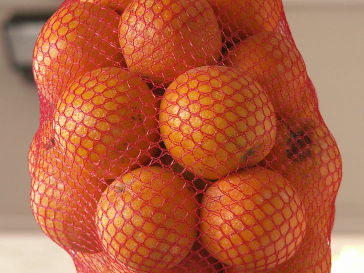 naranjas, naranja, mercado, fruta, net, colgante, Close-up