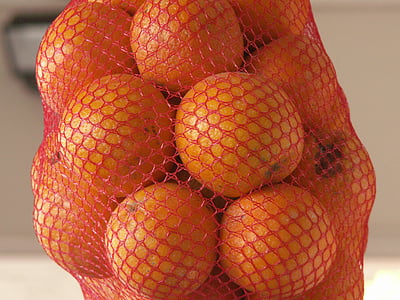 taronges, taronja, mercat, fruita, xarxa, penjant, close-up