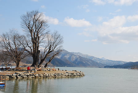 divas ūdens galvu, Koreja, ziemas, ainava, upe