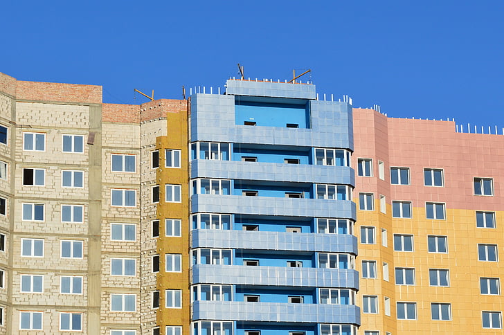dzīvokļi, arhitektūra, balkoni, bloks, zilas debesis, ēka, uzņēmējdarbības