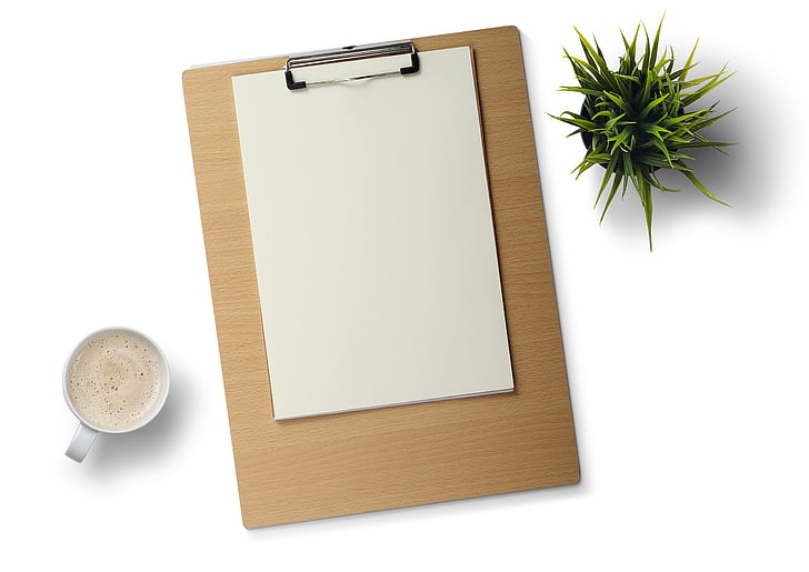 desk, white background, plant, coffee, drawing pad, office, blank