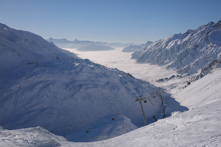 χιονοδρομικό κέντρο, βουνά, σκι, κοιλάδα, ομίχλη