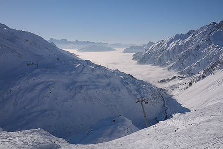 domaine skiable, montagnes, ski, vallée de, brouillard