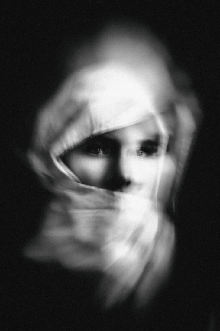 woman, wearing, hijab, focus, grayscale, photography, people