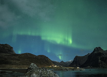 Северное сияние, Лофотенские острова, Норвегия, ночь, пляж, Коста, Зима