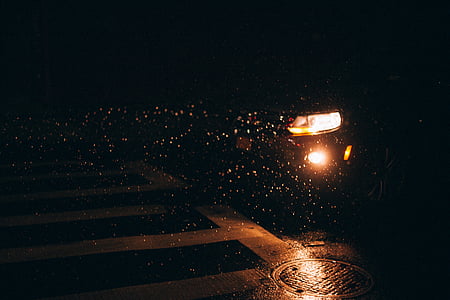 blur, dark, evening, headlight, light, night, pedestrian crossing