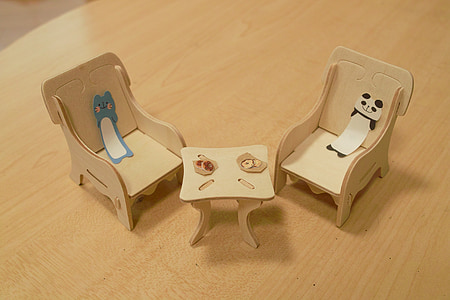 en miniatura, Fusteria, cadira, taula, colla, gat, fusta - material