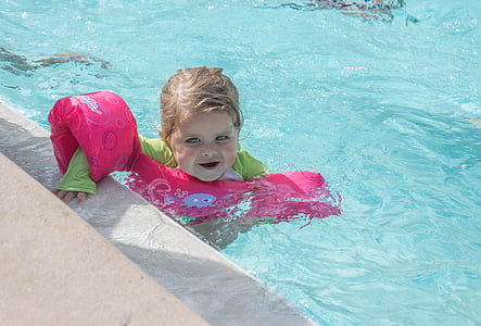 child, swimming, arm floats, pool, water, fun, happy