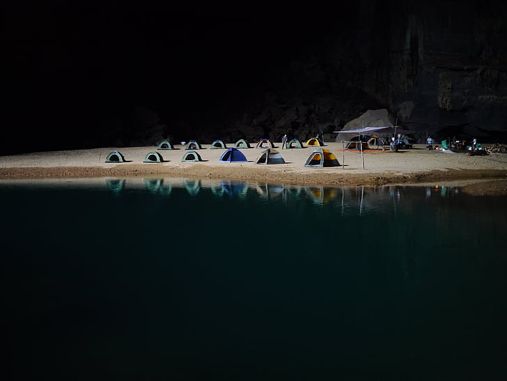 landschap, fotografie, kust, tenten, reflectie, nacht, water