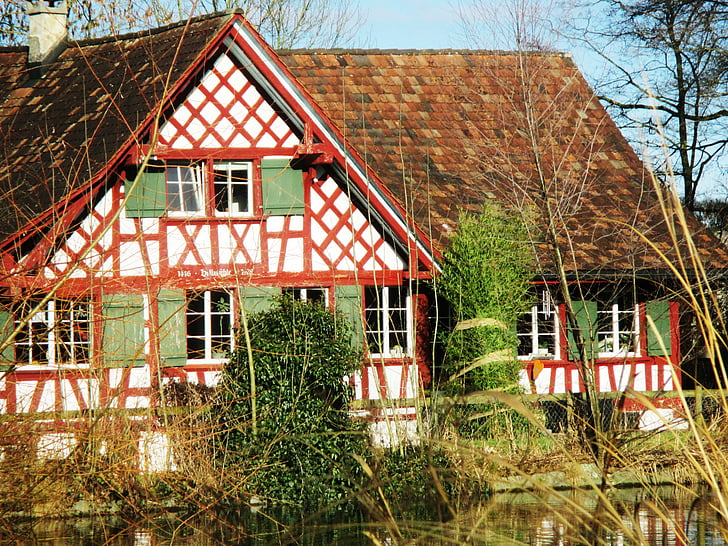 régi malom, fachwerkhaus, ablak, Amriswil, Thurgau, Svájc