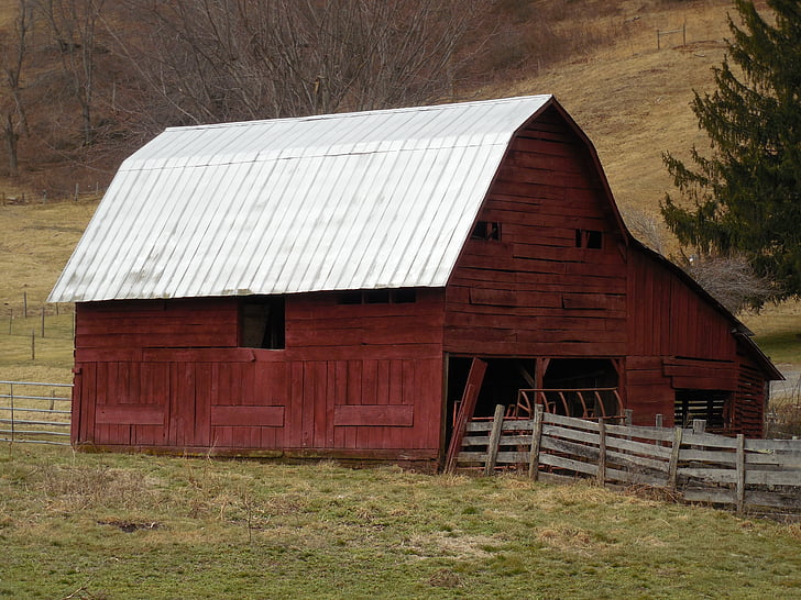 stodola, červená, farma, venkova, země, dřevo, budova