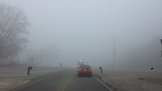 mist, fog, car, landscape, road, travel, winter