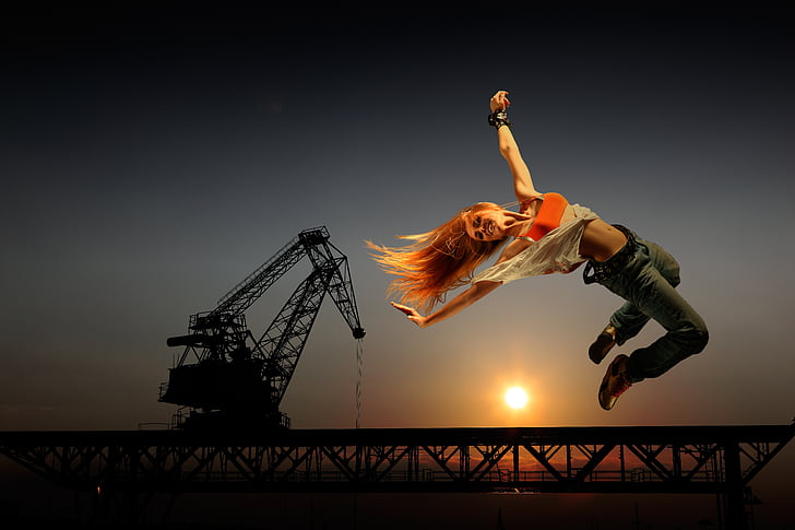 joyful leap, woman, jeans, acrobatics, human, beautiful, healthy