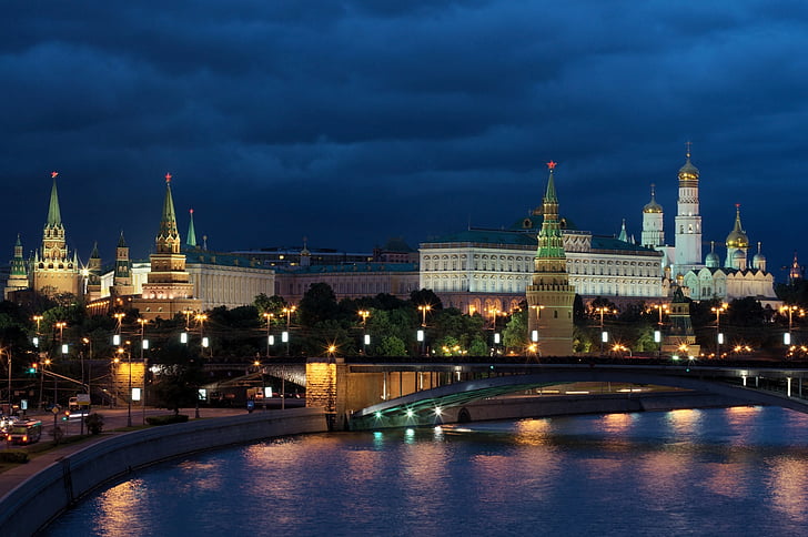 Mosca, notte, Russia, Cremlino, fotografia di notte, Unione Sovietica, storicamente