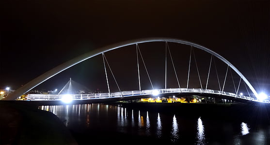 řeka, voda, noční, tmavý, světlo, Most, moderní